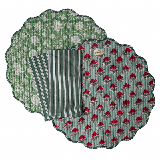 Zareen Bagh Reversible Round Scalloped Placemat, Napkin & Coaster Set (2)