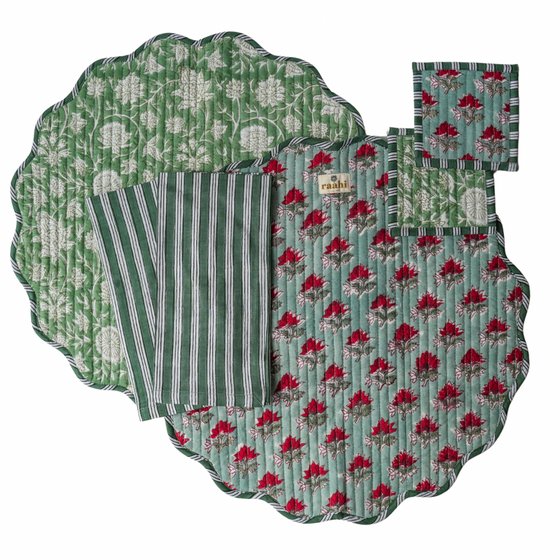 Zareen Bagh Reversible Round Scalloped Placemat, Napkin & Coaster Set (2)