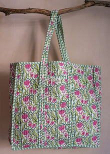  Reversible Quilted Block Print Market Tote Bag in Green Pink