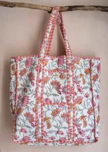  Quilted Block Print Market Tote Bag in White
