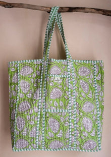  Quilted Block Print Market Tote Bag in Lime