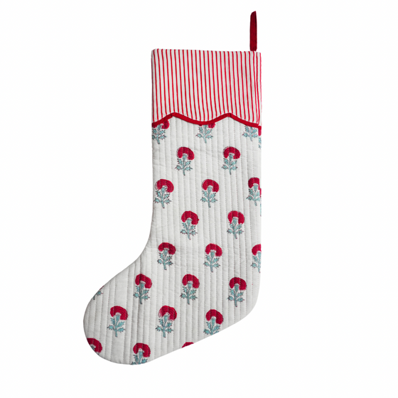 Luxury Quilted Reversible Christmas Stocking - Ice Blue & Red Flowers