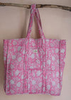 Quilted Block Print Market Tote Bag in Pink