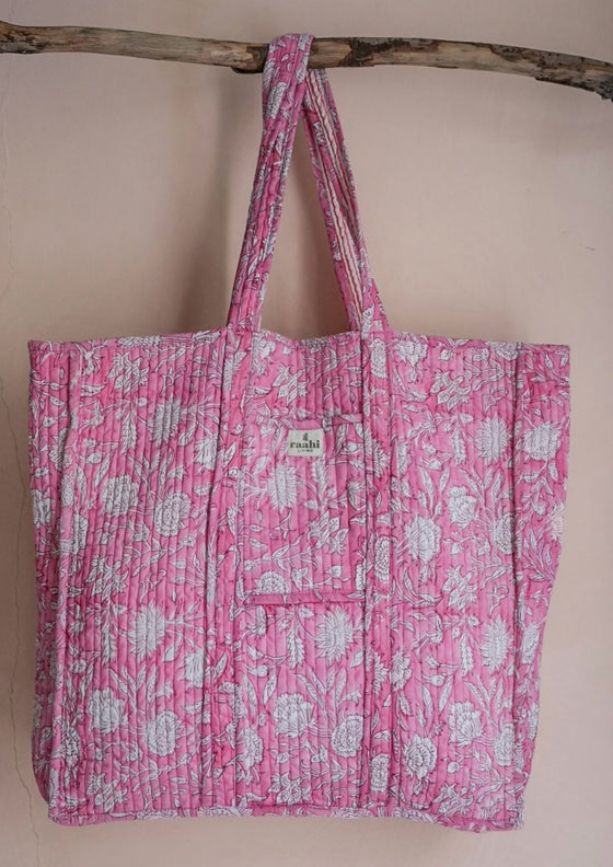 Quilted Block Print Market Tote Bag in Pink