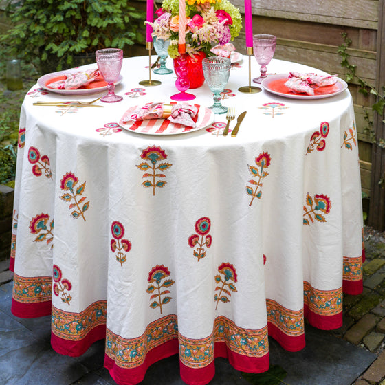 Maharani Red Hand Block Print Round Tablecloth 228cm