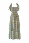 hand block printed dress with tie straps and a soft green print. ethically made by indian artisans