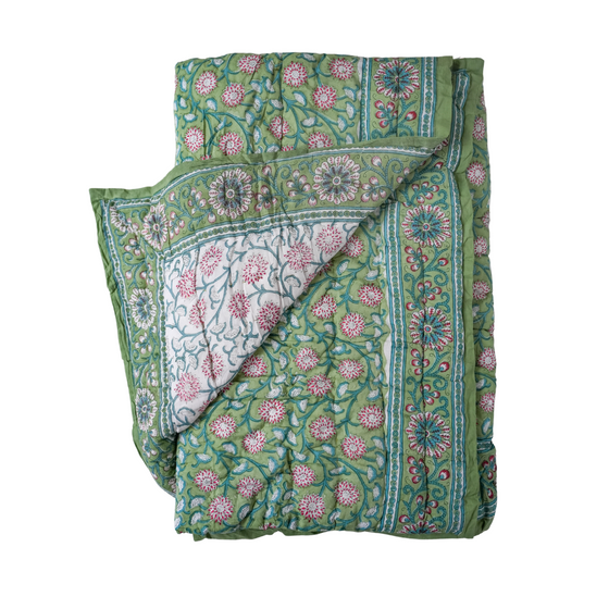 Janvi Green Floral Reversible Cotton Quilt 150 x 225cm