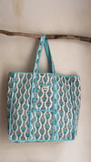 Quilted Block Print Market Tote Bag in White